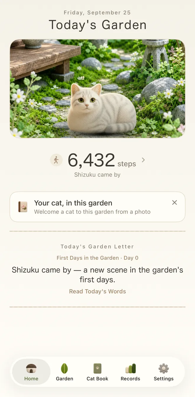 The app's Home screen. Today's garden card, today's steps (6,432), and “Shizuku came by”