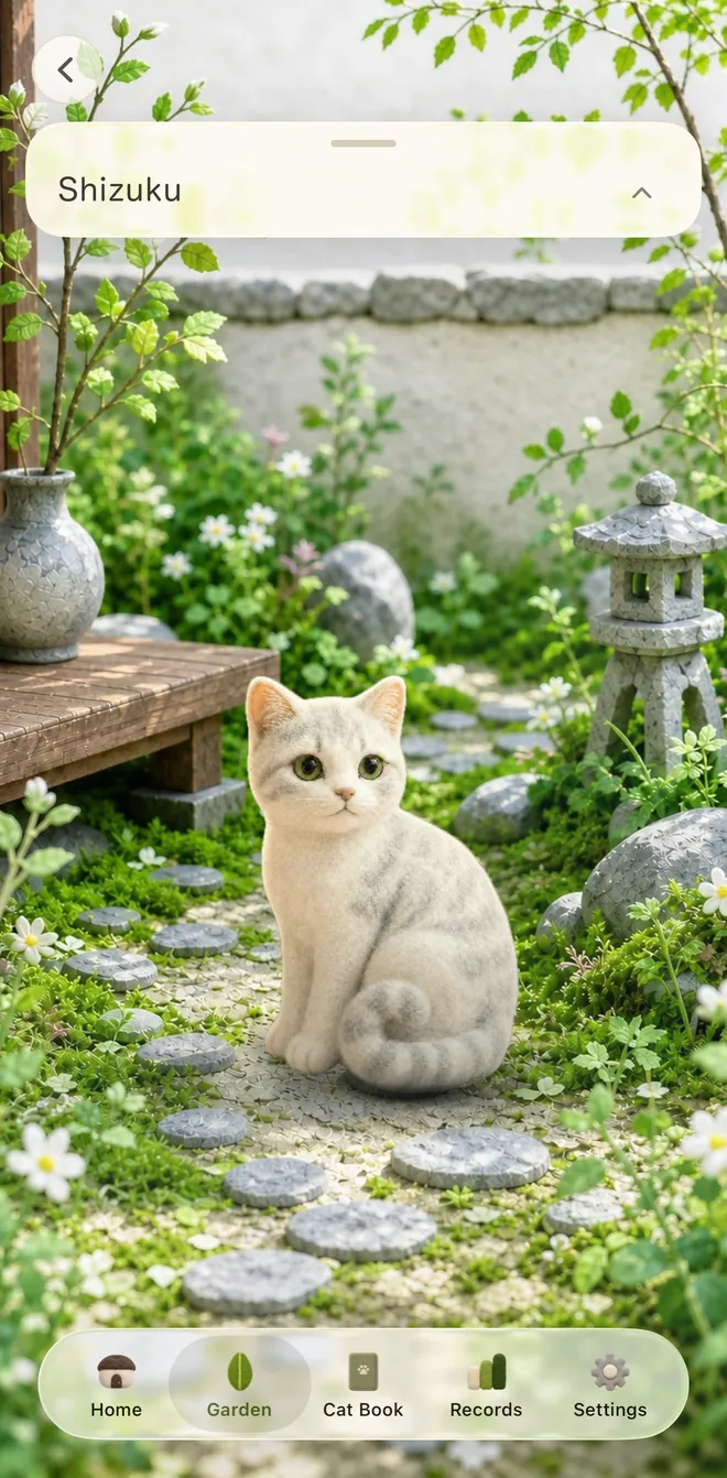 The app's Garden screen. Shizuku, made of needle felt, sits in the daytime garden