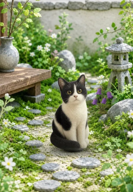 Kii, in needle-felt form, visiting the app's garden