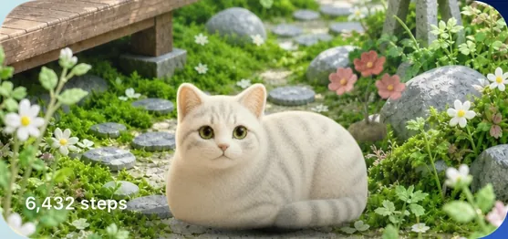 A close-up of the widget: Shizuku loafing in the daytime garden, with today's steps