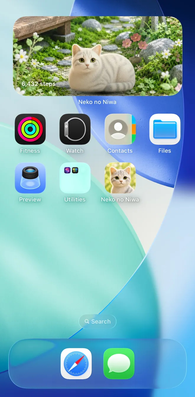 The Neko no Niwa widget at the top of the Home Screen. Shizuku is loafing in the garden